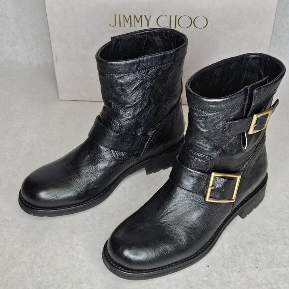 Jimmy Choo Black Biker Leather Unlined Belted Boots BKU 247 with Box Size 37/6.5 - Picture 8 of 10